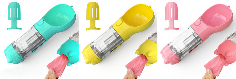 Portable pet water bottle and feeder with garbage bag storage, available in blue, yellow, and pink.