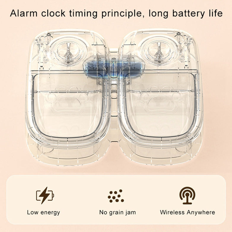 Automatic pet feeder with dual transparent compartments, energy-saving, wireless, no grain jam.