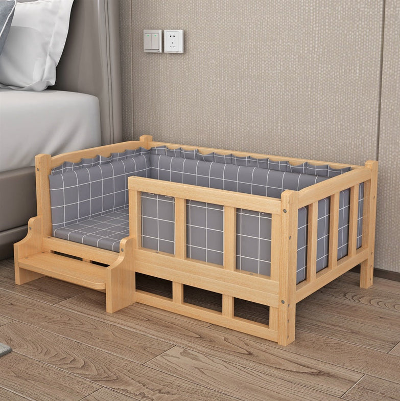 Nightstand integrated DIY pet bed with gray plaid design placed beside a bed.